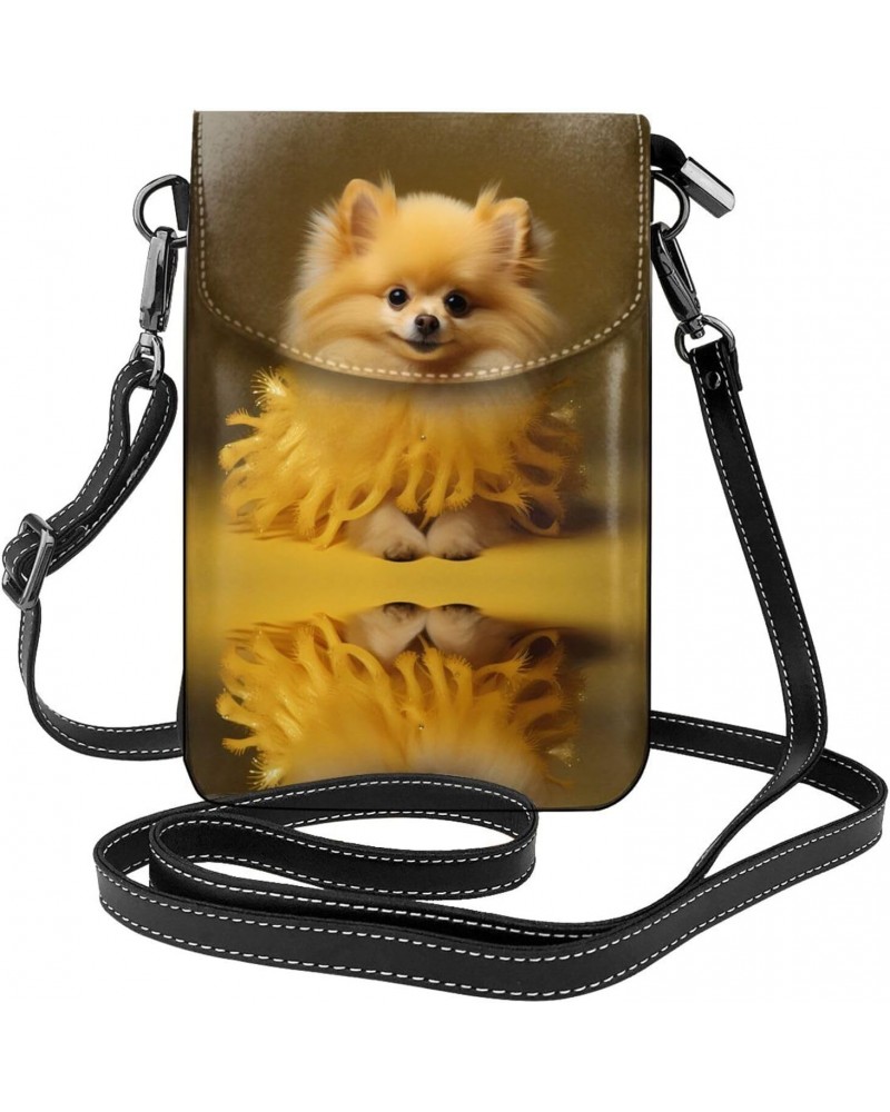 women leather Cell Phone Purse Yellow pomeranian picture Multifunction,Soft, durable,Convenient for daily use and travel, Bla...