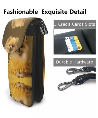 women leather Cell Phone Purse Yellow pomeranian picture Multifunction,Soft, durable,Convenient for daily use and travel, Bla...