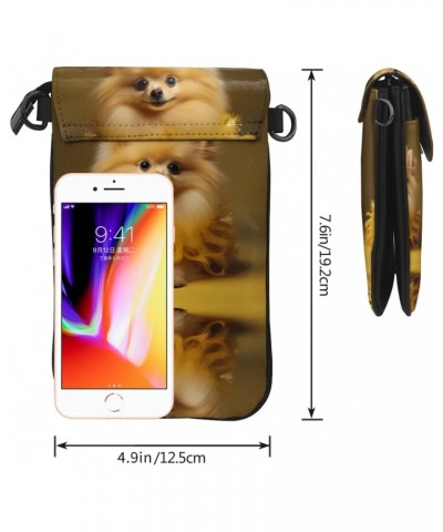 women leather Cell Phone Purse Yellow pomeranian picture Multifunction,Soft, durable,Convenient for daily use and travel, Bla...