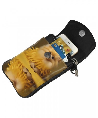 women leather Cell Phone Purse Yellow pomeranian picture Multifunction,Soft, durable,Convenient for daily use and travel, Bla...