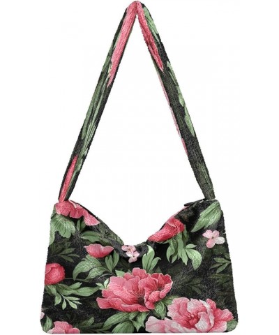 Green Plant on White Shoulder Handbag, Shoulder Bag for Women with Zipper, Womens Outdoor Bag Pink and Green Flowers on Black...