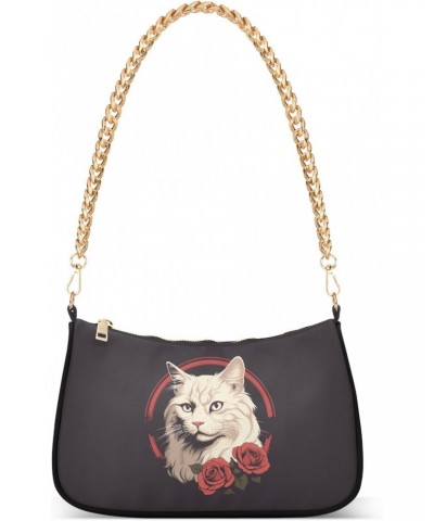 Cartoon White Cats with Rose Clutch Shoulder Bag for Women, Hobo Tote Handbag with Gold Chain, Crossbody Bag with Zipper Clos...