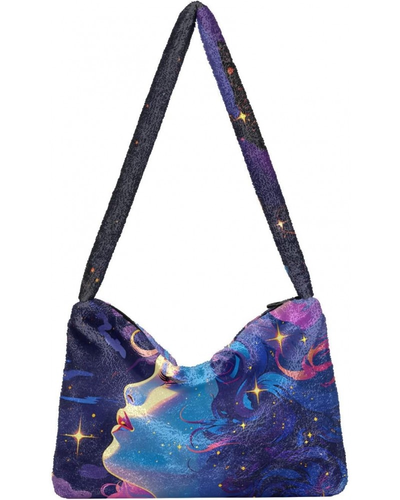 Women Shoulder Bag Cosmic Goddess Fantasy Enchantress Night Ladies Tote Bag Plush Underarm Bag Furry Handbag $11.75 Totes