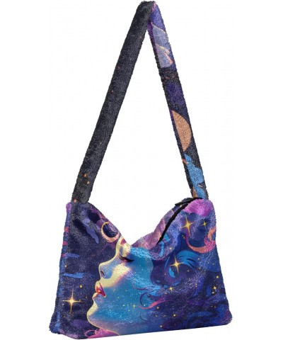 Women Shoulder Bag Cosmic Goddess Fantasy Enchantress Night Ladies Tote Bag Plush Underarm Bag Furry Handbag $11.75 Totes