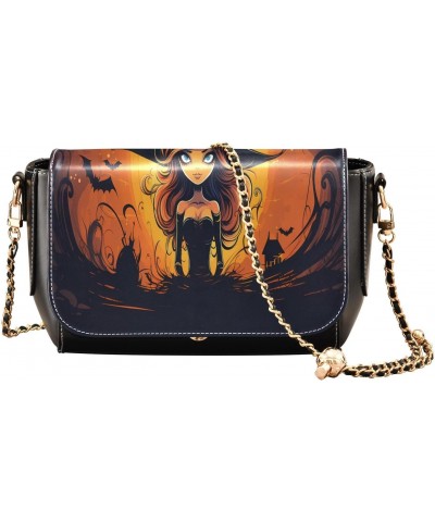 Women's Crossbody Handbags Leather Shoulder Bags Wallet Black Flap (Cartoon Witch) Print Adjustable Chain Straps Satchel Bag ...