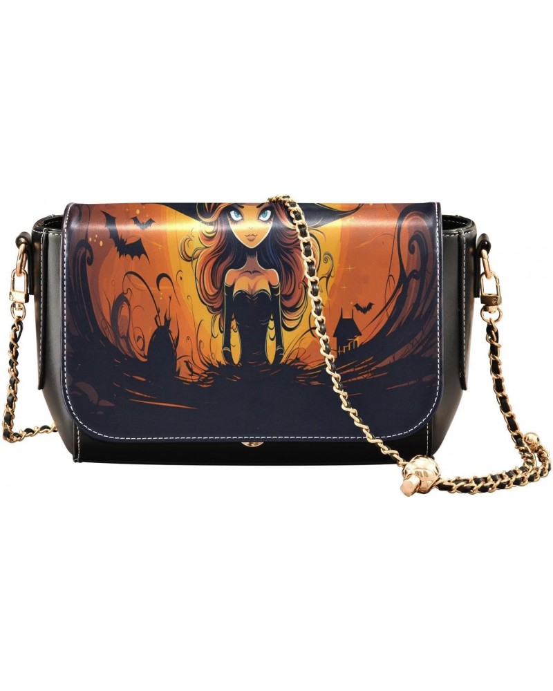 Women's Crossbody Handbags Leather Shoulder Bags Wallet Black Flap (Cartoon Witch) Print Adjustable Chain Straps Satchel Bag ...