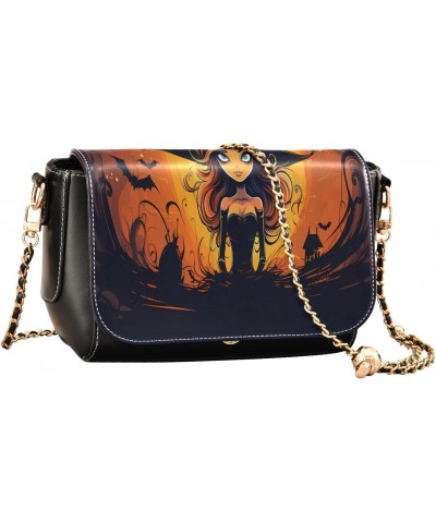 Women's Crossbody Handbags Leather Shoulder Bags Wallet Black Flap (Cartoon Witch) Print Adjustable Chain Straps Satchel Bag ...