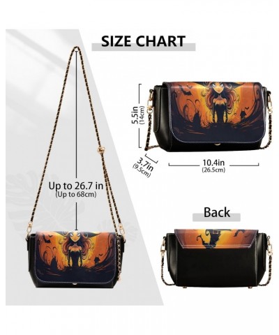 Women's Crossbody Handbags Leather Shoulder Bags Wallet Black Flap (Cartoon Witch) Print Adjustable Chain Straps Satchel Bag ...