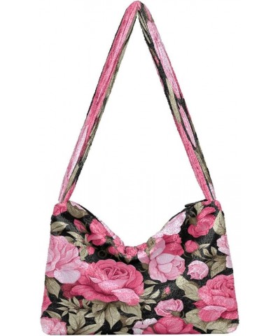 Pink and Green Flowers Women's Bag, Tote Book Bag for Women, Womens Outdoor Bag Floral Pink Flower on Black-7 $12.74 Totes