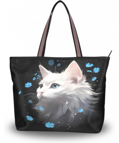 Womens Tote Bag, Cat Portait Flower Ladies Zip Shoulder Shopping Bag Handbags $9.84 Shoulder Bags