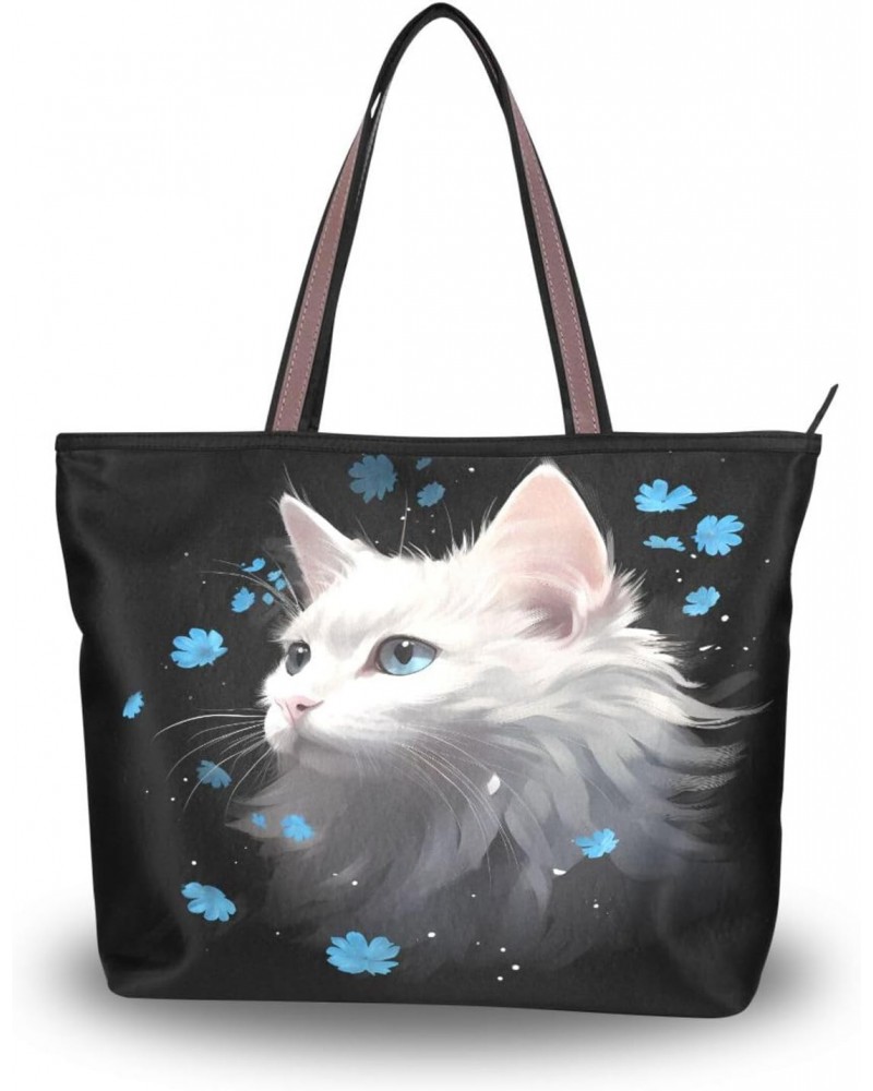 Womens Tote Bag, Cat Portait Flower Ladies Zip Shoulder Shopping Bag Handbags $9.84 Shoulder Bags