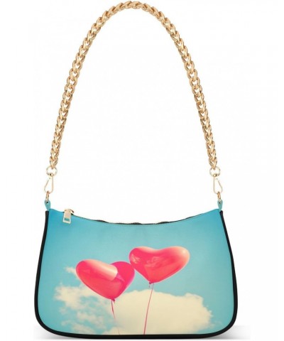 Valentine's Day Retro Love Balloons Blue Sky Shoulder Handbags for Women Travel Hobo Tote Handbag Women Gold Chain Shoulder B...