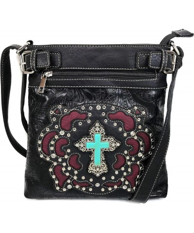 Tooled Turquoise Stone Cross Rhinestone Laser Cut Shoulder Chain Concealed Carry Handbag Purse Wallet Messenger Black Messeng...