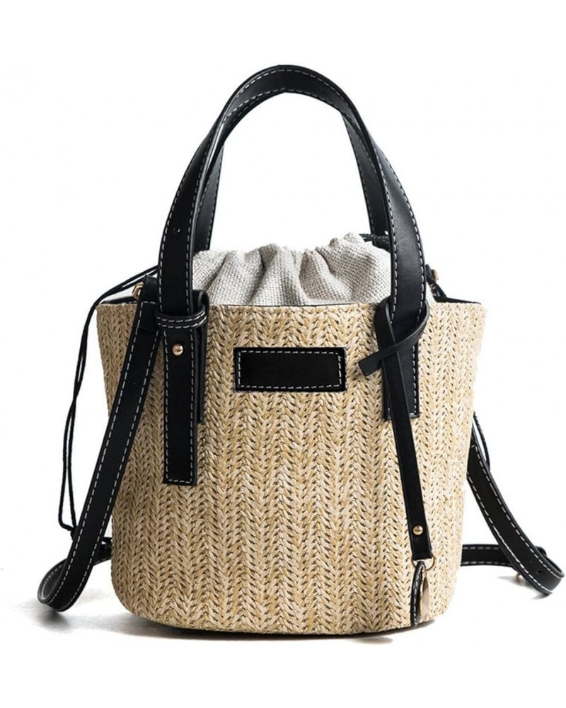 Hand-Woven Contrast Color Bucket Straw Cylinder Handbag Outdoor Play Beach Bag Black Free $19.79 Handbags