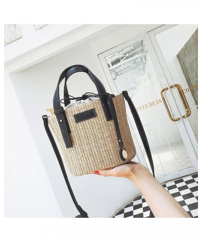 Hand-Woven Contrast Color Bucket Straw Cylinder Handbag Outdoor Play Beach Bag Black Free $19.79 Handbags