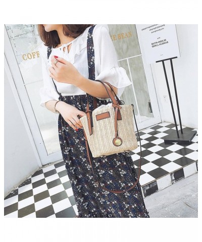 Hand-Woven Contrast Color Bucket Straw Cylinder Handbag Outdoor Play Beach Bag Black Free $19.79 Handbags