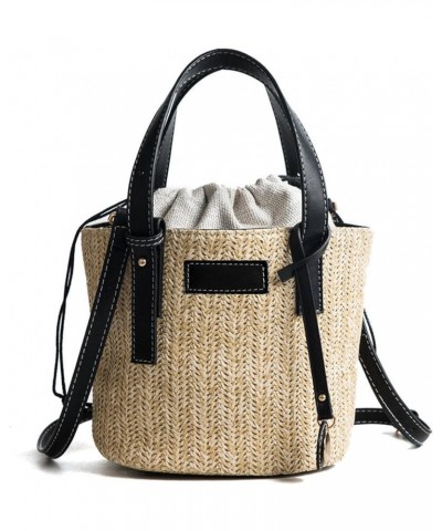 Hand-Woven Contrast Color Bucket Straw Cylinder Handbag Outdoor Play Beach Bag Black Free $19.79 Handbags