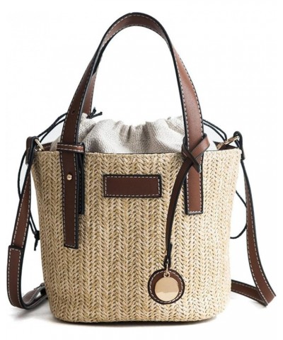 Hand-Woven Contrast Color Bucket Straw Cylinder Handbag Outdoor Play Beach Bag Black Free $19.79 Handbags