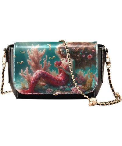 Dreamy Valentine's Day Mermaid Medium Leather Crossbody Bags for Women, Women Crossbody Shoulder Bag Dreamy Valentine's Day M...