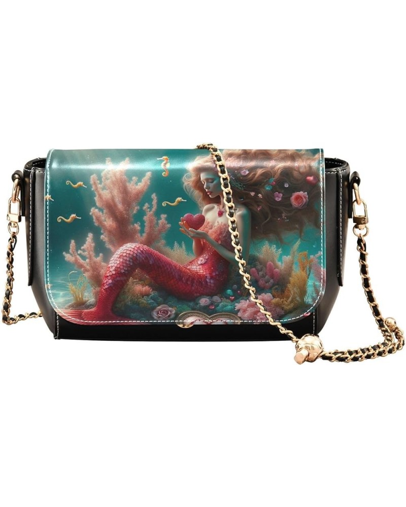 Dreamy Valentine's Day Mermaid Medium Leather Crossbody Bags for Women, Women Crossbody Shoulder Bag Dreamy Valentine's Day M...