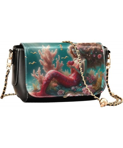 Dreamy Valentine's Day Mermaid Medium Leather Crossbody Bags for Women, Women Crossbody Shoulder Bag Dreamy Valentine's Day M...