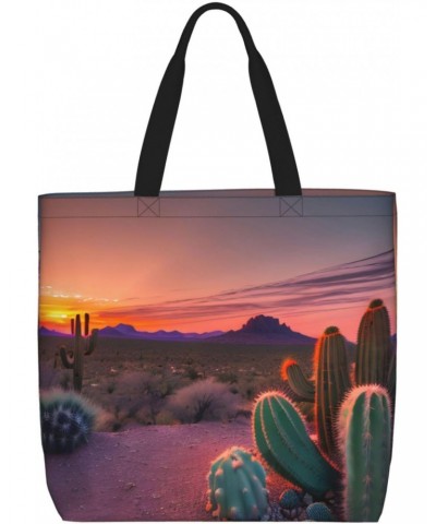 Cactus Desert Sunset Tote Bag with Zipper for Women Inside Mesh Pocket Heavy Duty Casual Anti-water Cloth Shoulder Handbag Ou...