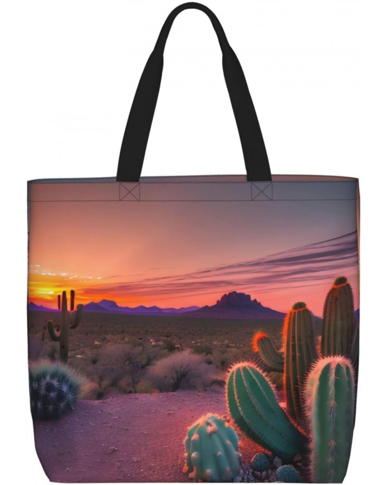 Cactus Desert Sunset Tote Bag with Zipper for Women Inside Mesh Pocket Heavy Duty Casual Anti-water Cloth Shoulder Handbag Ou...