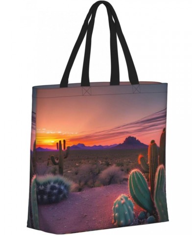 Cactus Desert Sunset Tote Bag with Zipper for Women Inside Mesh Pocket Heavy Duty Casual Anti-water Cloth Shoulder Handbag Ou...