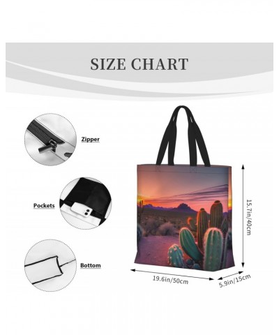 Cactus Desert Sunset Tote Bag with Zipper for Women Inside Mesh Pocket Heavy Duty Casual Anti-water Cloth Shoulder Handbag Ou...