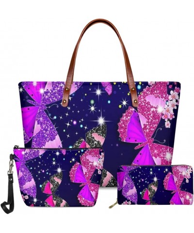 Purses and Handbags for Womens Satchel Shoulder Tote Bags Wallets 3PCS Purple Butterfly $29.69 Totes