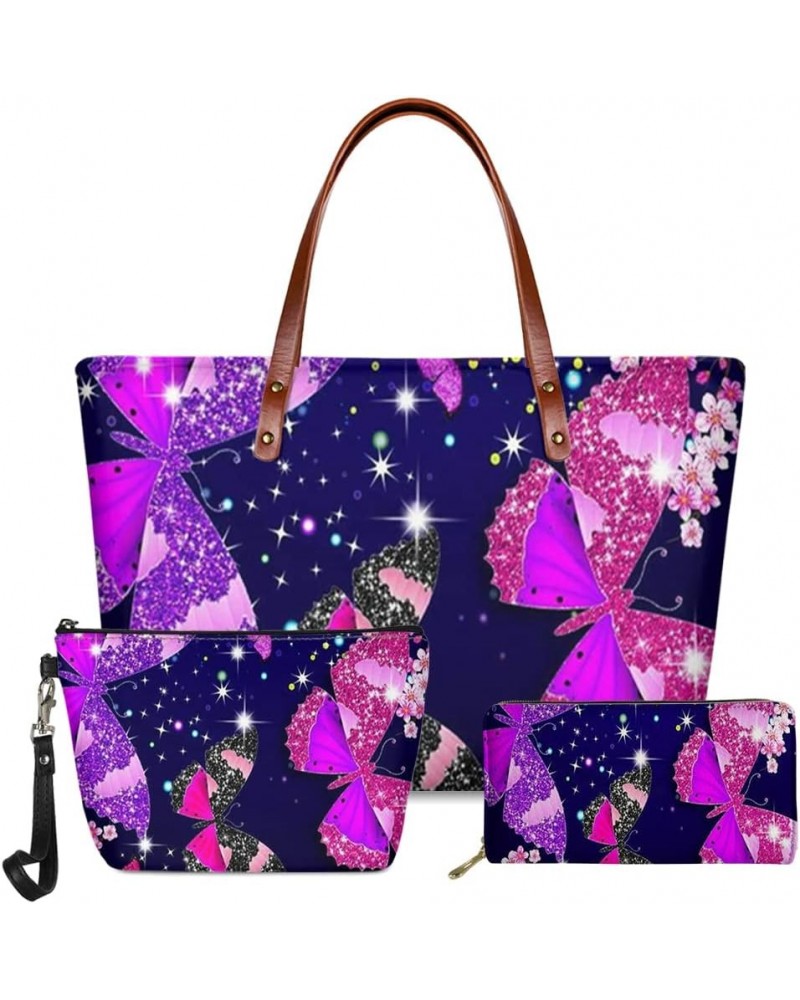 Purses and Handbags for Womens Satchel Shoulder Tote Bags Wallets 3PCS Purple Butterfly $29.69 Totes