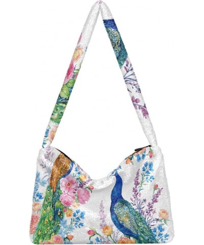 Birds Peacocks Flowers Furry Tote Bag for Women Crossbody Bag Casual Shoulder Handbags Hobo Purse with Zipper for Fall $11.75...