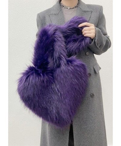 Furry Heart Shaped Crossbody Bag for Women - Plush Y2K Handbag with Soft Shoulder Strap Large Purple $18.00 Totes