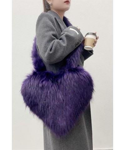 Furry Heart Shaped Crossbody Bag for Women - Plush Y2K Handbag with Soft Shoulder Strap Large Purple $18.00 Totes