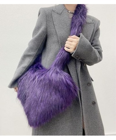 Furry Heart Shaped Crossbody Bag for Women - Plush Y2K Handbag with Soft Shoulder Strap Large Purple $18.00 Totes