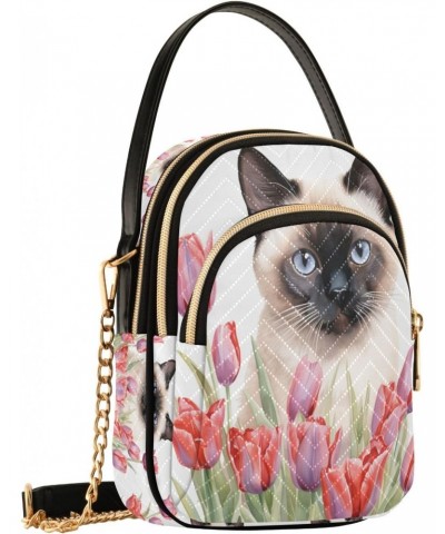 Crossbody Bag for Women, Cat Pink Tulips Phone Purse Detachable Chain Bag Shoulder Handbag Wallet $12.47 Crossbody Bags