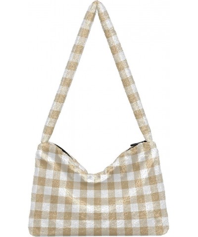 Khaki Buffalo Plaid Check Tote Handbags for Women Ultra Soft Fluffy Shoulder Bag with Zipper Fashion Durable Hobo Bag for Pic...