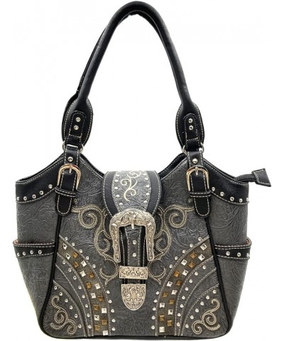 Tooled Floral Embroidery Buckle Studded Concealed Carry Tote Purse Black Pewter Purse $24.81 Totes