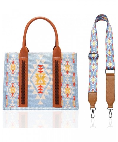 Women Western Cotton Linen Printed Color Clash Tote Top Handle Removable Strap Bohemian Shoulder Crossbody Bag A-sky Blue $18...