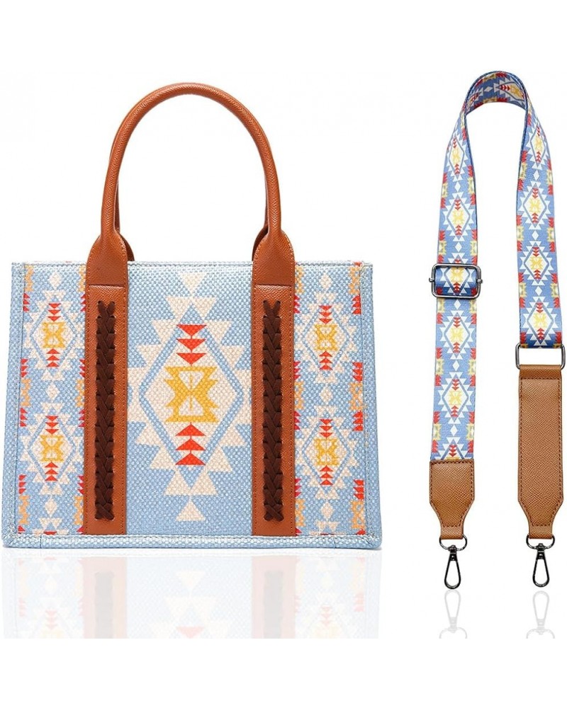 Women Western Cotton Linen Printed Color Clash Tote Top Handle Removable Strap Bohemian Shoulder Crossbody Bag A-sky Blue $18...