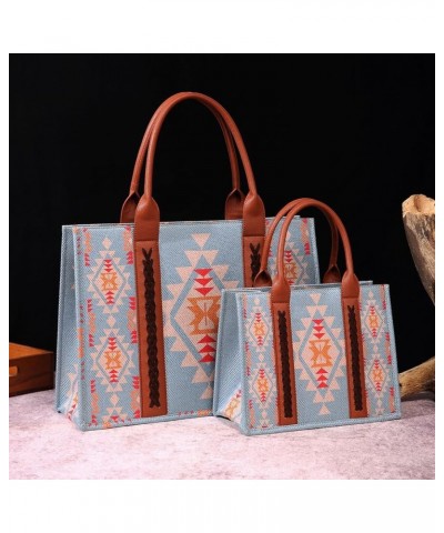 Women Western Cotton Linen Printed Color Clash Tote Top Handle Removable Strap Bohemian Shoulder Crossbody Bag A-sky Blue $18...