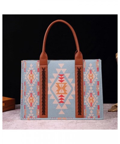 Women Western Cotton Linen Printed Color Clash Tote Top Handle Removable Strap Bohemian Shoulder Crossbody Bag A-sky Blue $18...