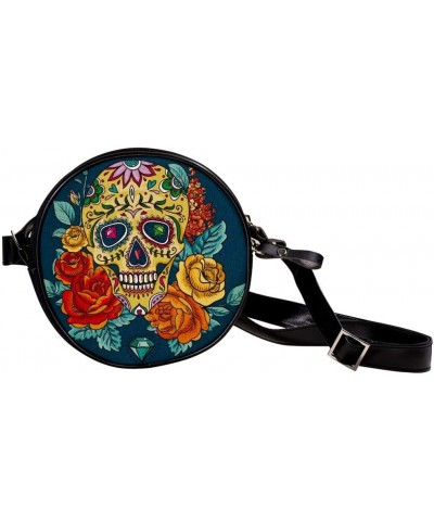 Diamond And Skull Circle Shoulder Bags Cell Phone Pouch Crossbody Purse Round Wallet Clutch Bag For Women With Adjustable Str...