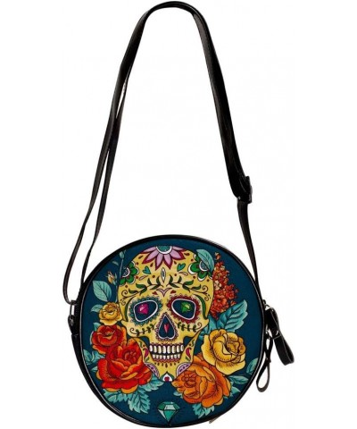 Diamond And Skull Circle Shoulder Bags Cell Phone Pouch Crossbody Purse Round Wallet Clutch Bag For Women With Adjustable Str...