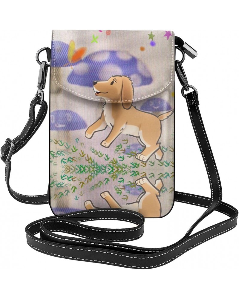 Cartoon Mushroom With Dog Exquisite Design Printed Leather Crossbody Phone Bag - Portable Fashion Practical Phone Protection ...