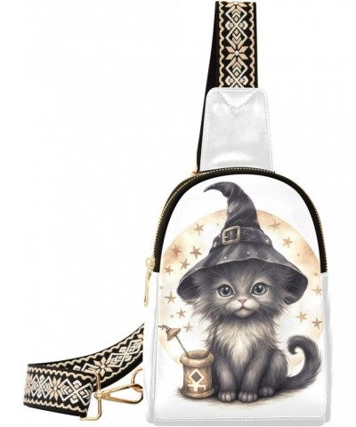 Women's Sling Bag Halloween Black Cat Print with Adjustable Strap Zipper Closure, PU Leather Water Resistant Crossbody Bag Pu...