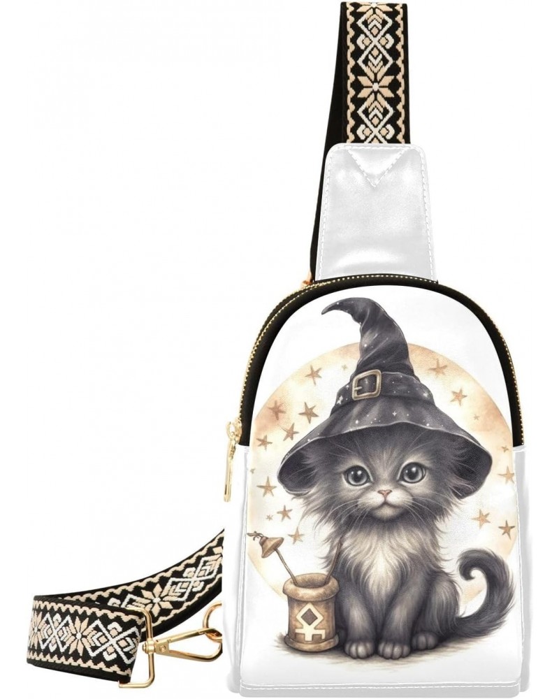 Women's Sling Bag Halloween Black Cat Print with Adjustable Strap Zipper Closure, PU Leather Water Resistant Crossbody Bag Pu...