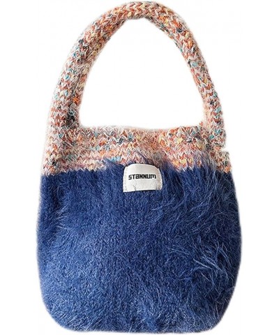 Colorblocked Plush Tote Women's Knitted Bag Cell Phone Bag Shoulder Bag Blue $29.91 Totes