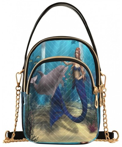 Chain Crossbody Bags for Women Mermaid Dolphin Blue Ocean Quilted Shoulder Crossbody Handbags Travel Cross Body Cell Phone Pu...