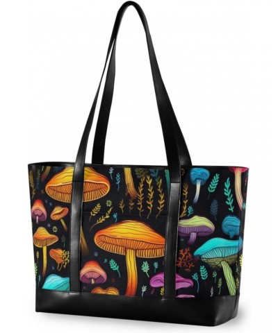 Style Mushrooms Black Tote Bag for Women Big Capacity Shoulder Bag with Compartments Tote Large Purses Handbags for Office Tr...